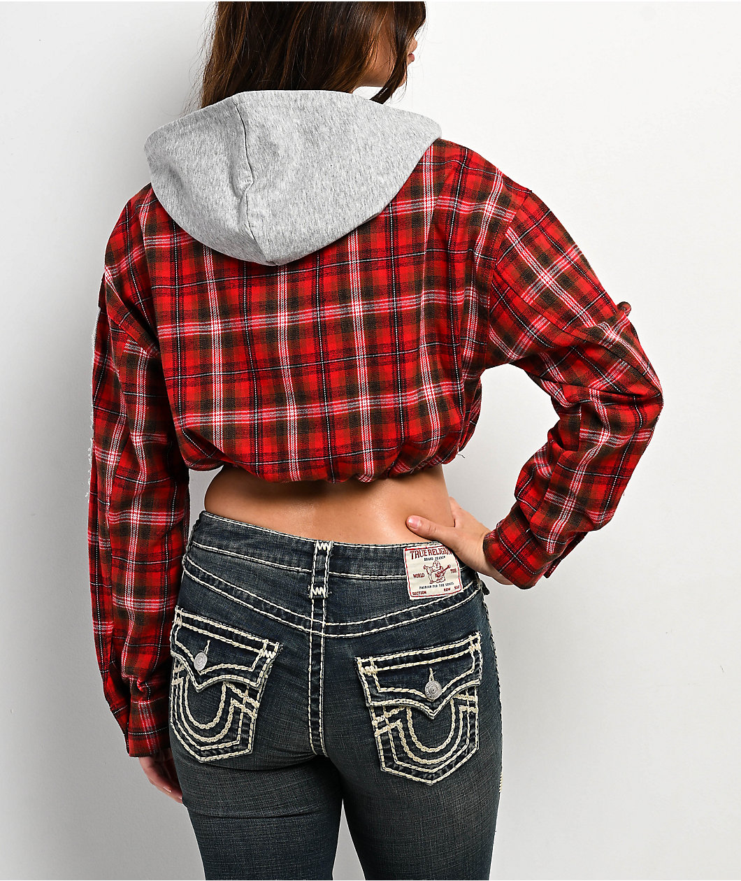 True Religion Applique Shrunken Red Plaid Flannel Crop Zip Hoodie