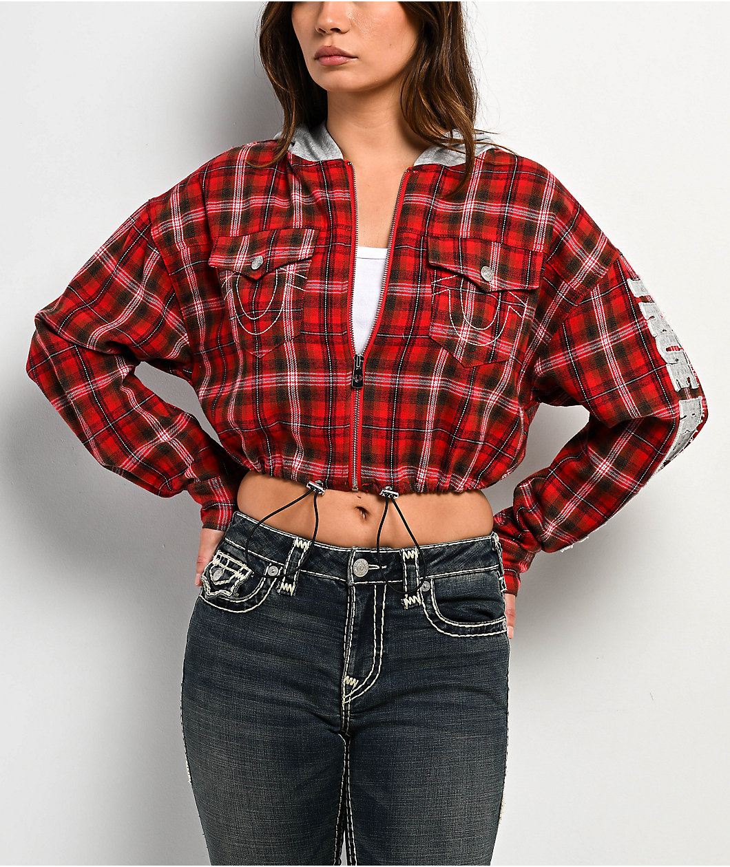True Religion Applique Shrunken Red Plaid Flannel Crop Zip Hoodie