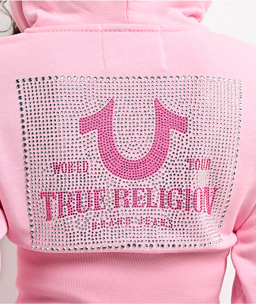 True Religion Big T High Waistband Pink Crop Zip Hoodie