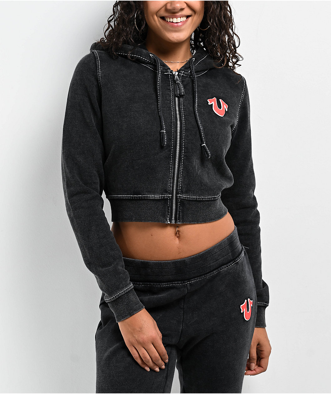 True Religion Big T Logo Black Wash Crop Zip Hoodie