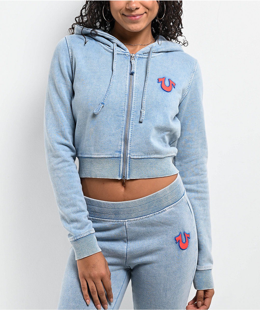 True Religion Big T Logo Blue Wash Crop Zip Hoodie