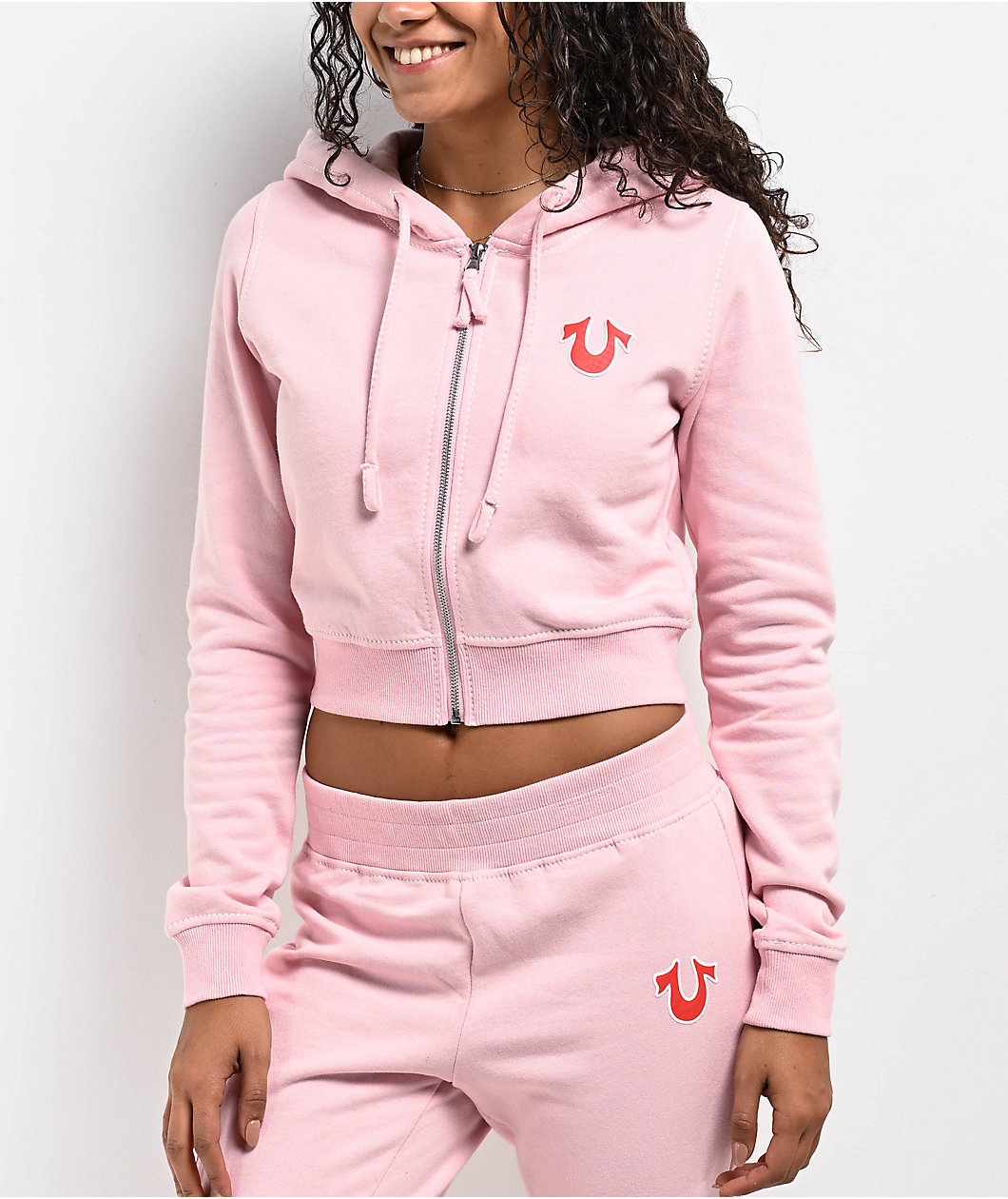 True Religion Big T Logo Pink Crop Zip Hoodie