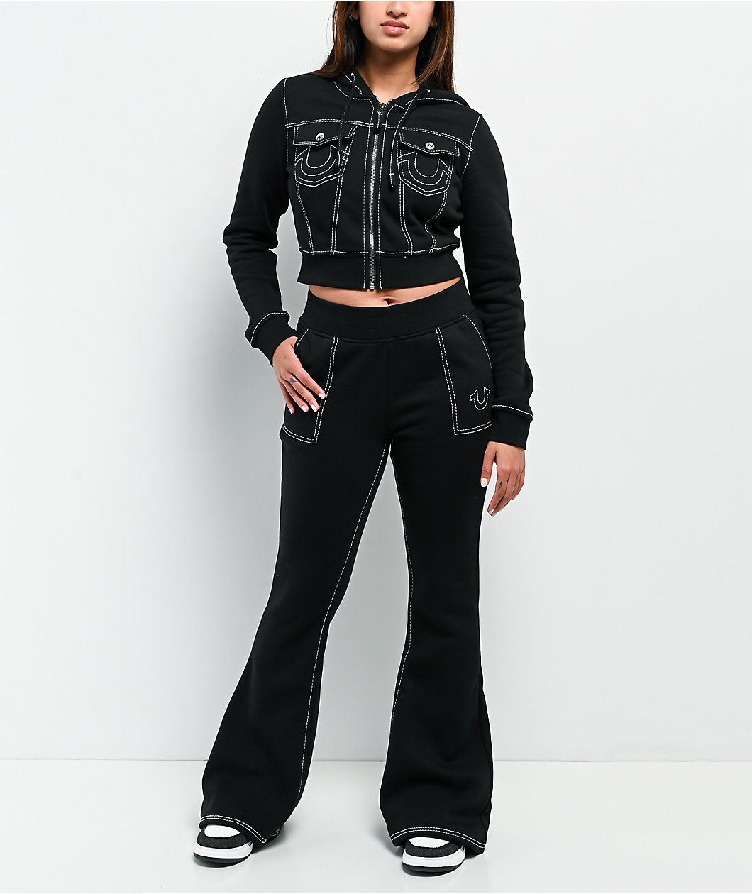 True Religion Big T Shrunken Black Crop Zip Hoodie