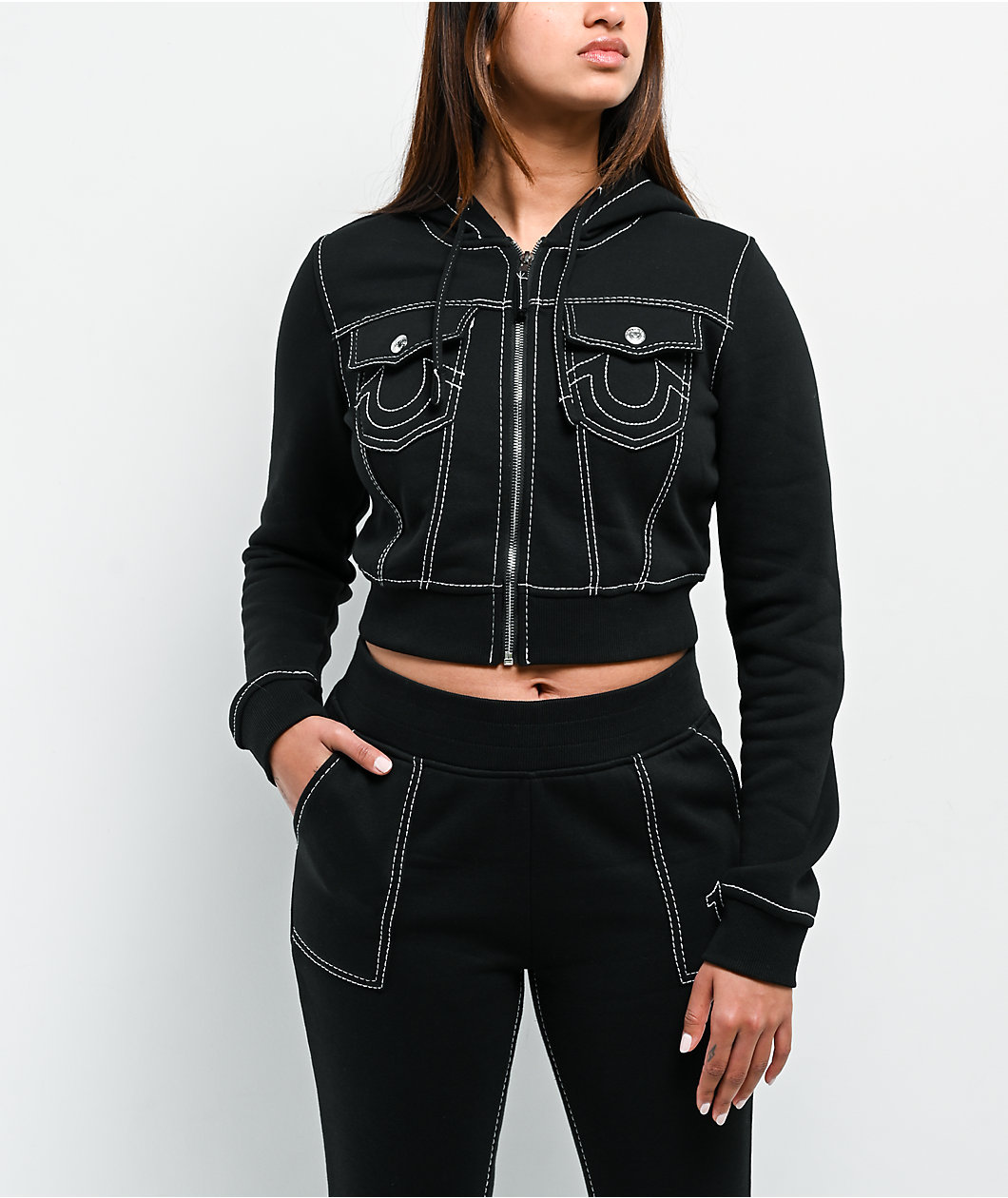 True Religion Big T Shrunken Black Crop Zip Hoodie