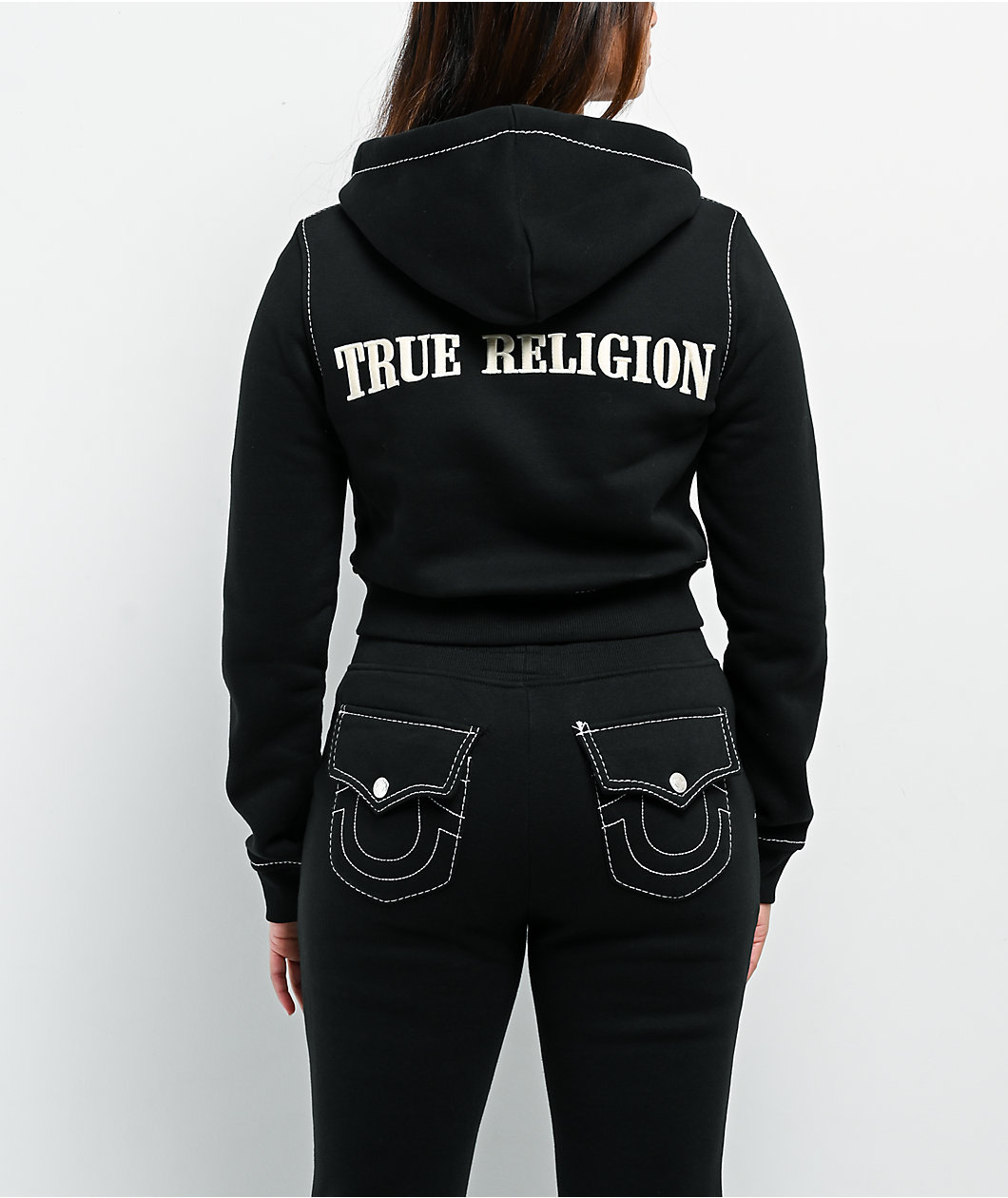True Religion Big T Shrunken Black Crop Zip Hoodie