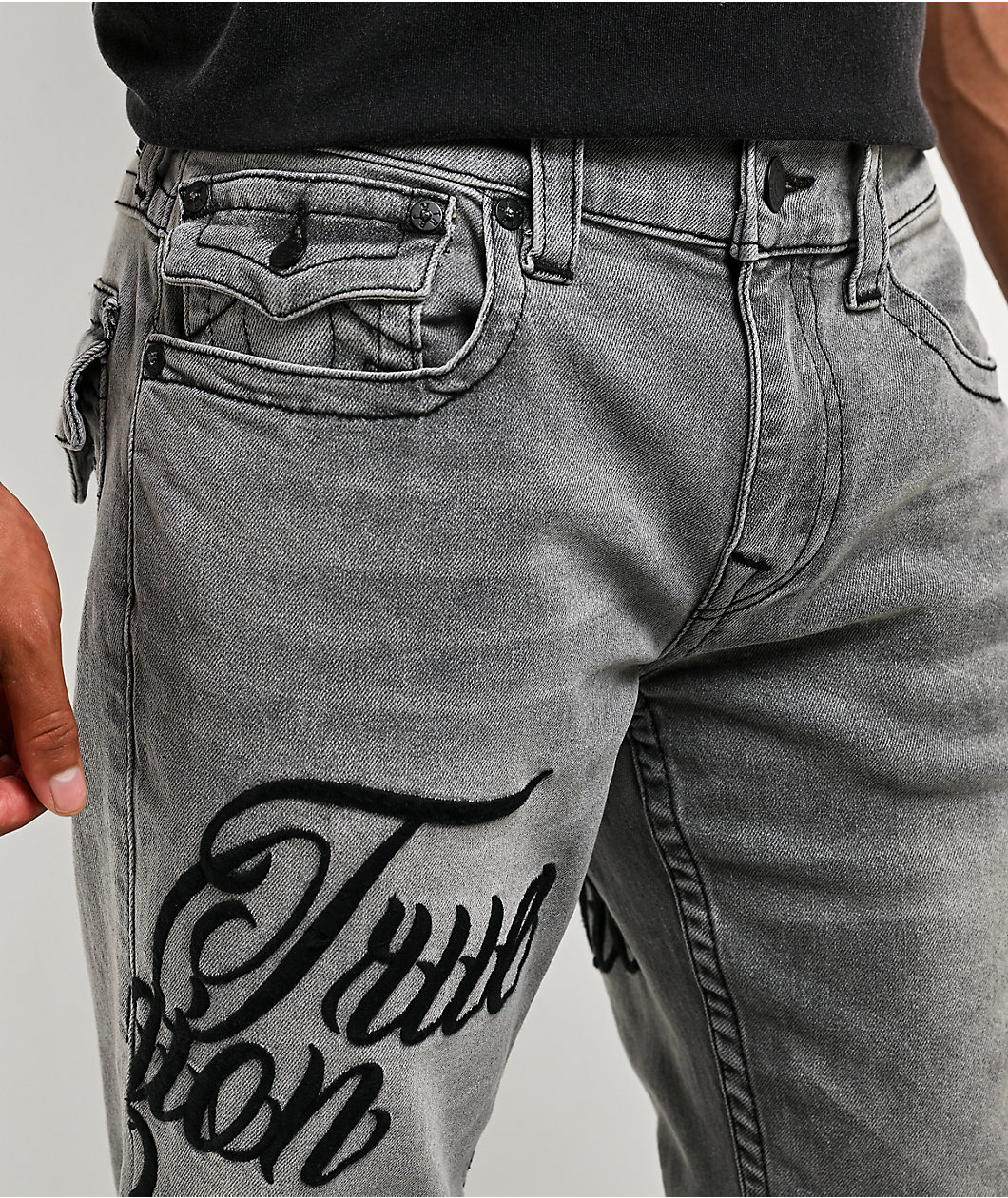 True Religion Billy Embroidered Grey Wash Bootcut Jeans