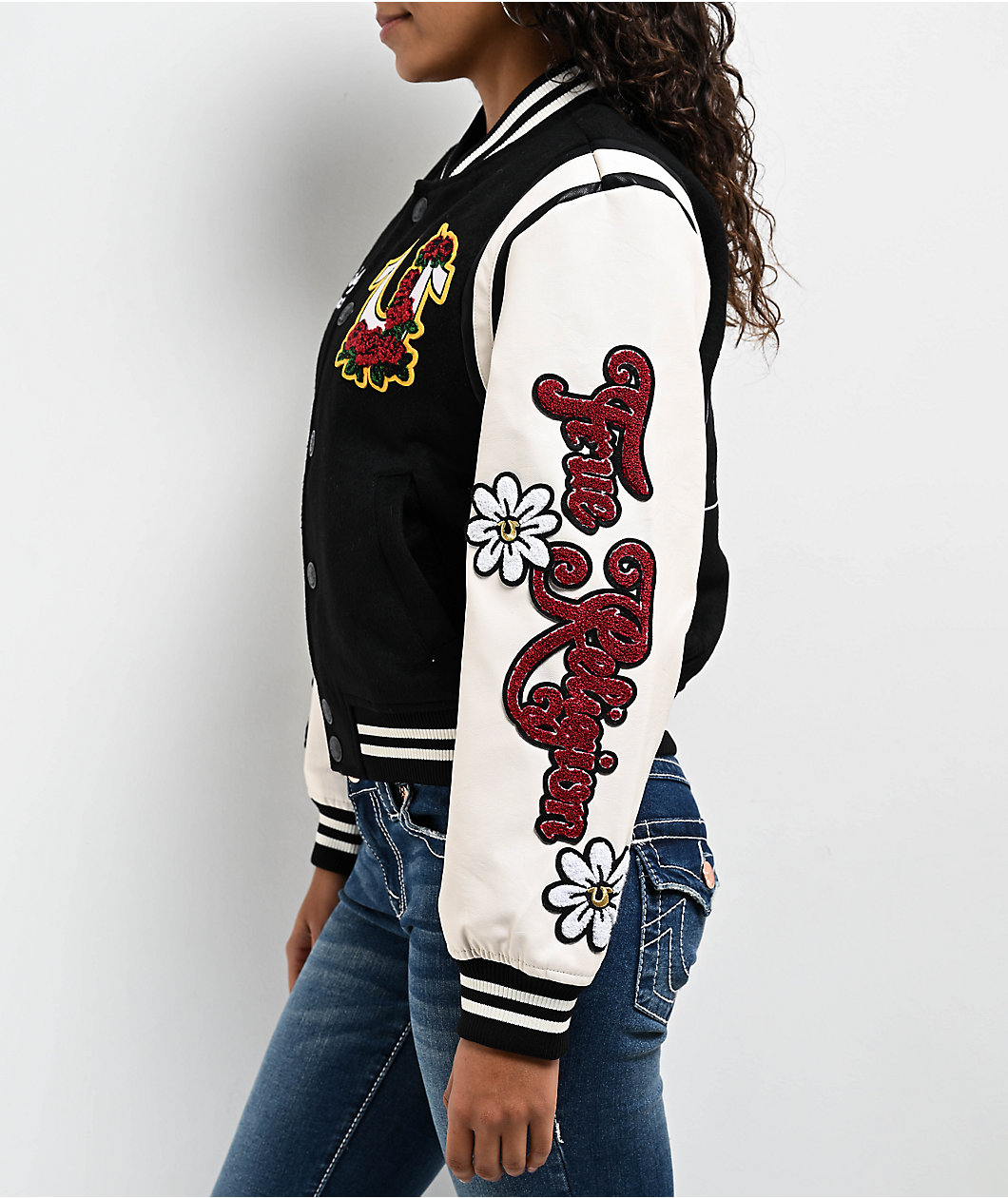 True Religion Black & Cream Embroidered Varsity Jacket