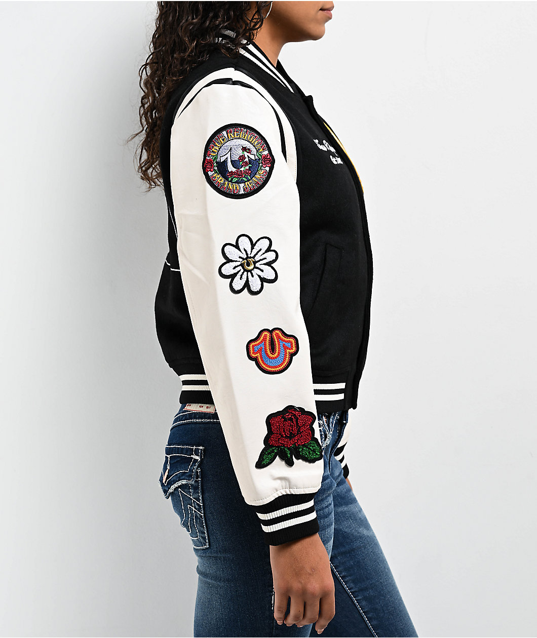 True Religion Black & Cream Embroidered Varsity Jacket