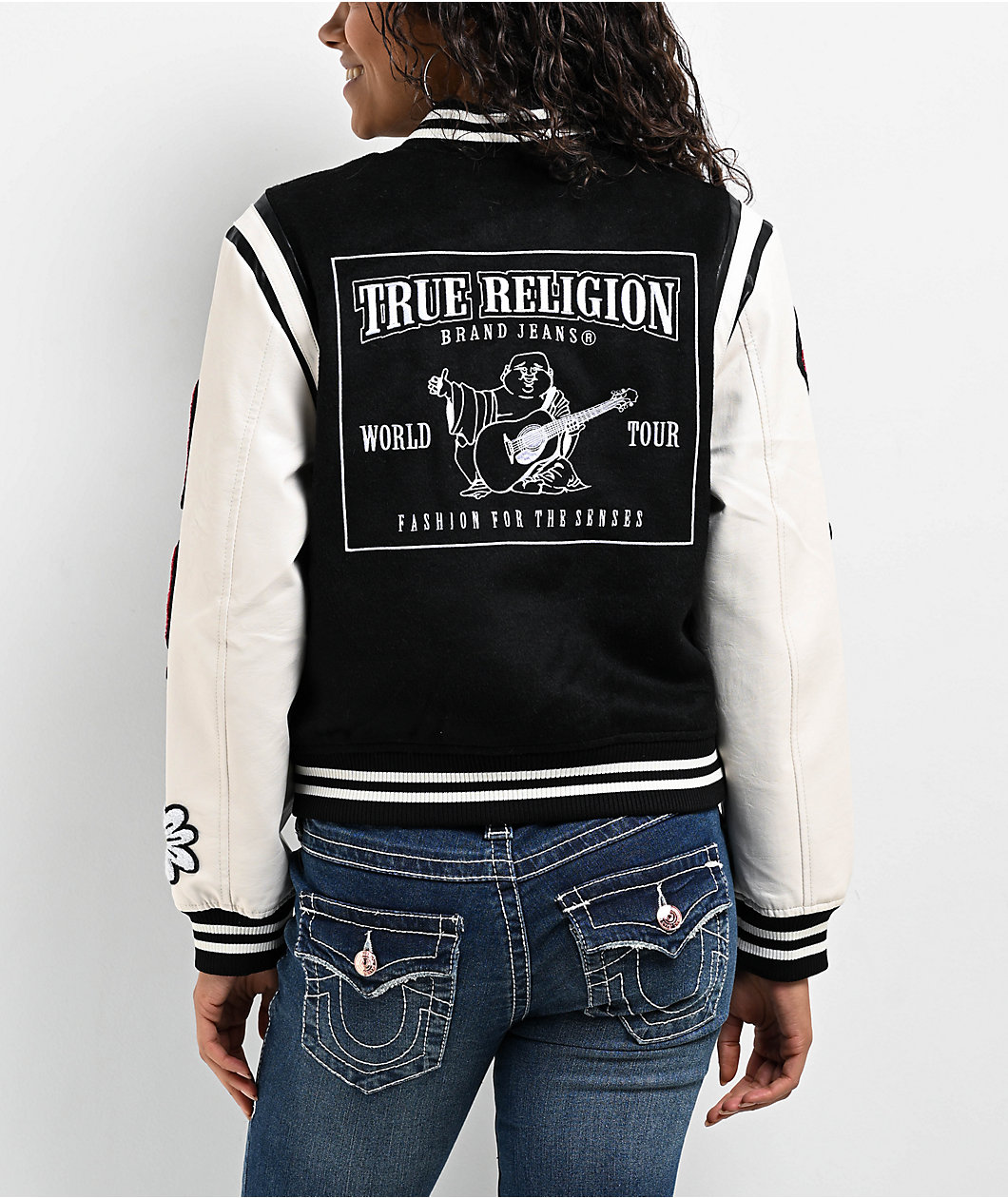 True Religion Black & Cream Embroidered Varsity Jacket