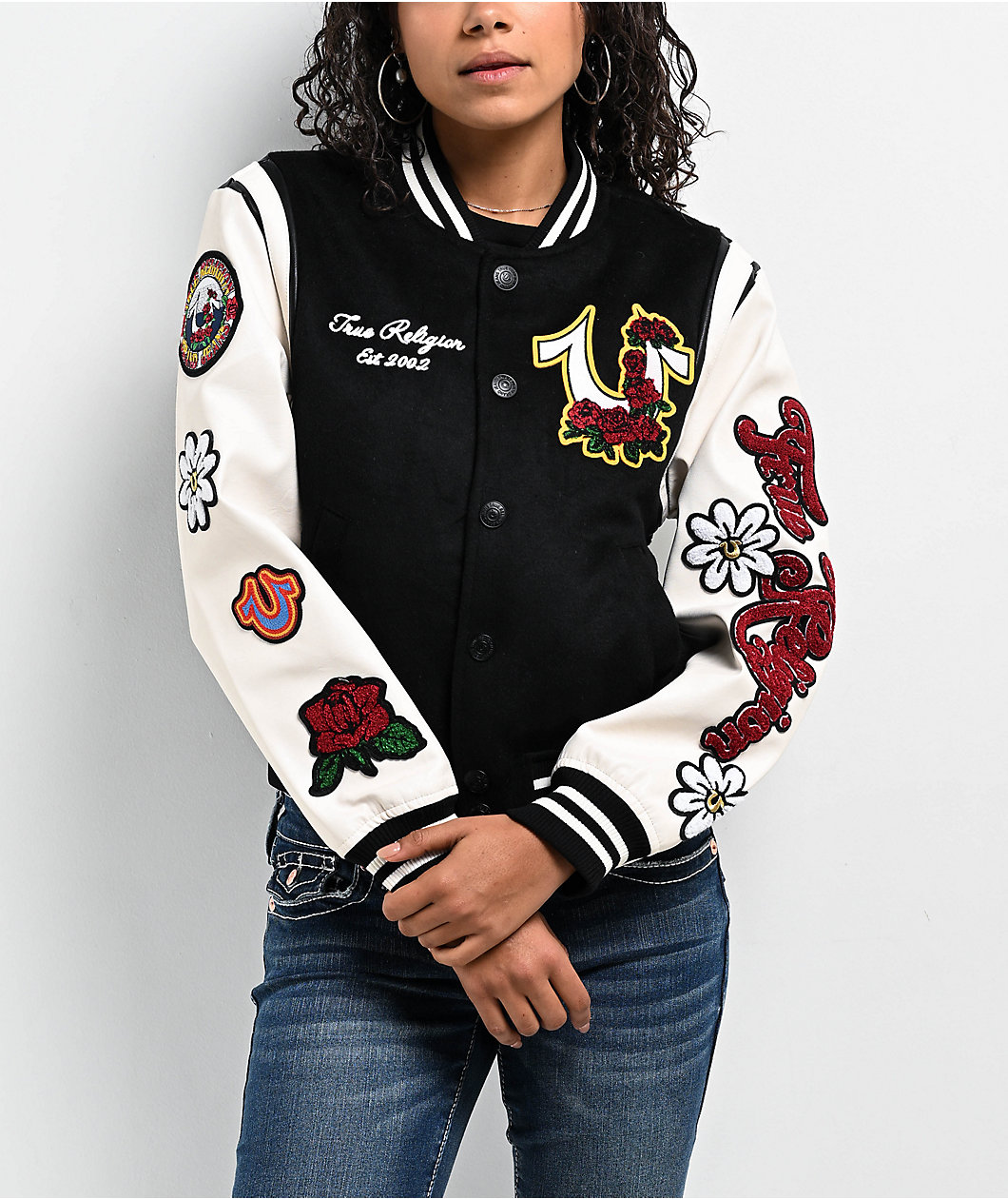 True Religion Black & Cream Embroidered Varsity Jacket