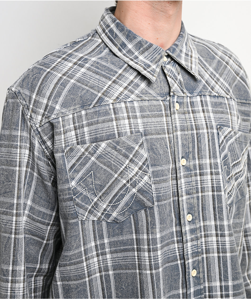 True Religion Bleached Horseshoe Plaid Cobalt Wash Flannel Shirt