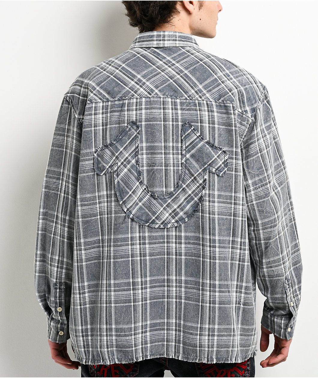 True Religion Bleached Horseshoe Plaid Cobalt Wash Flannel Shirt