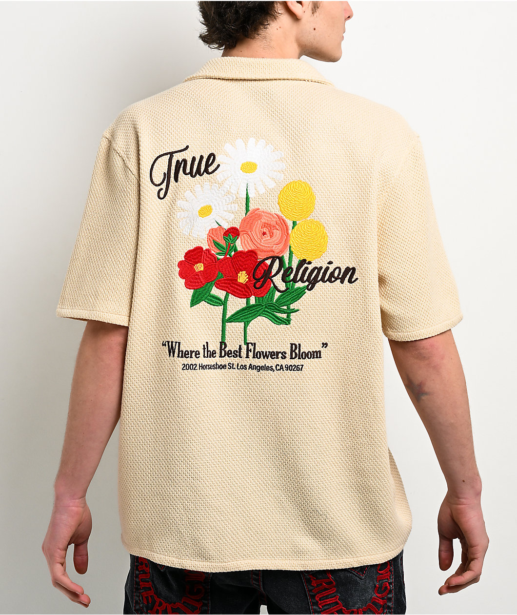 True Religion Blooms Knit Bleached Sand Camp Shirt