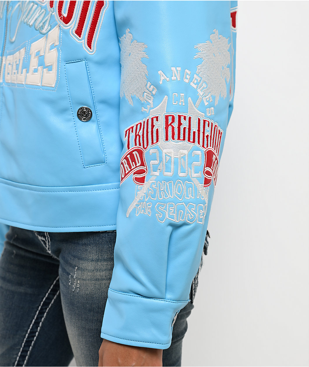 True Religion Blue Patent Leather Varsity Jacket