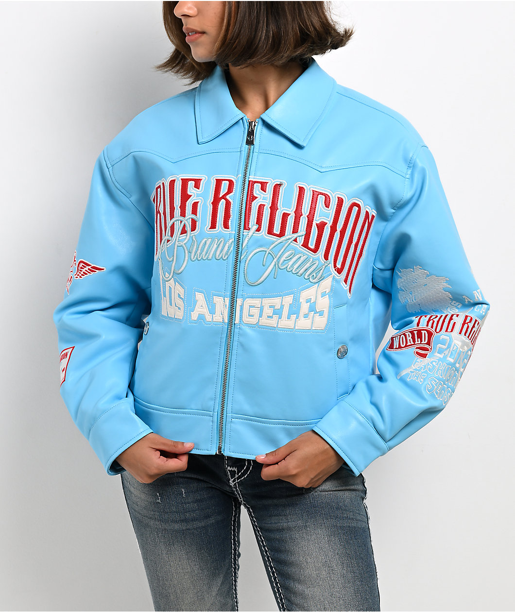 True Religion Blue Patent Leather Varsity Jacket