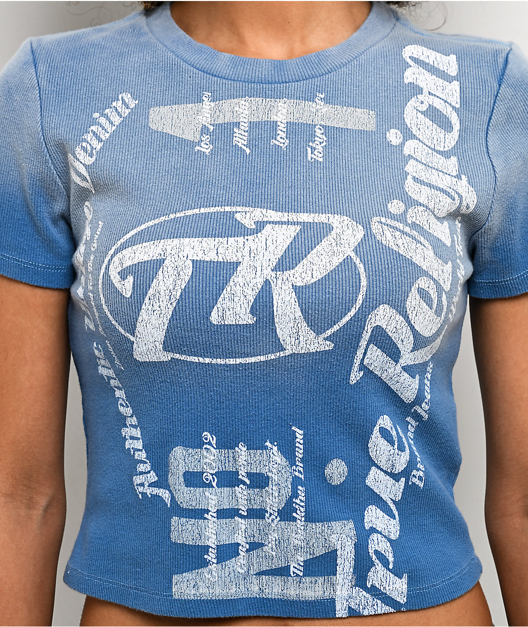 True Religion Blue Wash Ribbed Crop T-Shirt