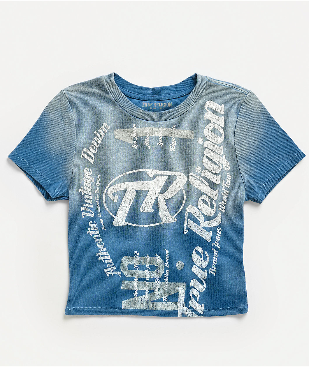 True Religion Blue Wash Ribbed Crop T-Shirt