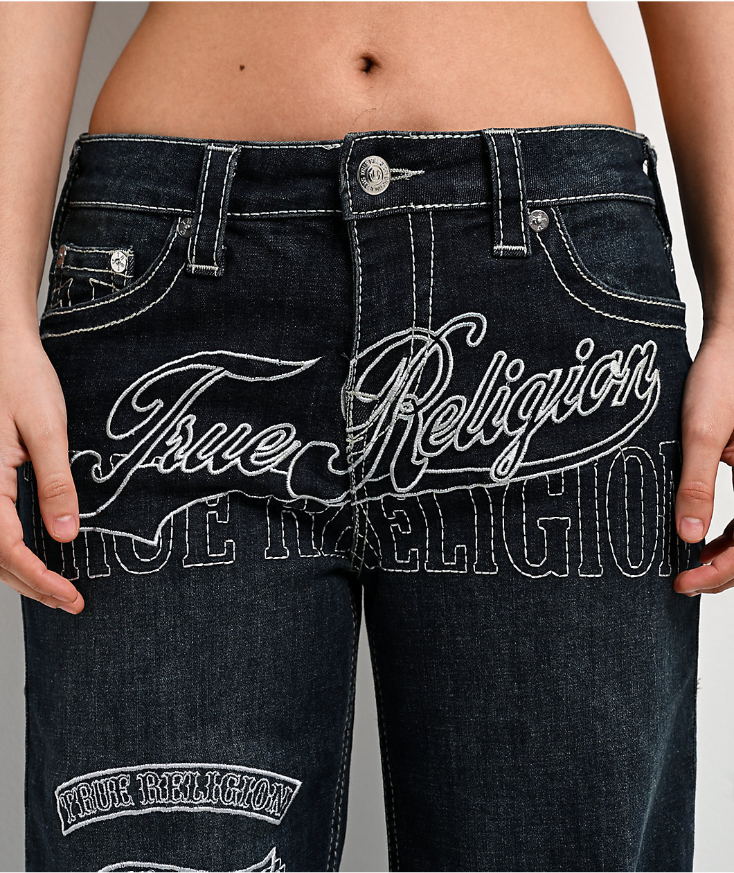 True Religion Bobbi Big T Mid Rise Ice Meadow Blue Wash Baggy Jeans