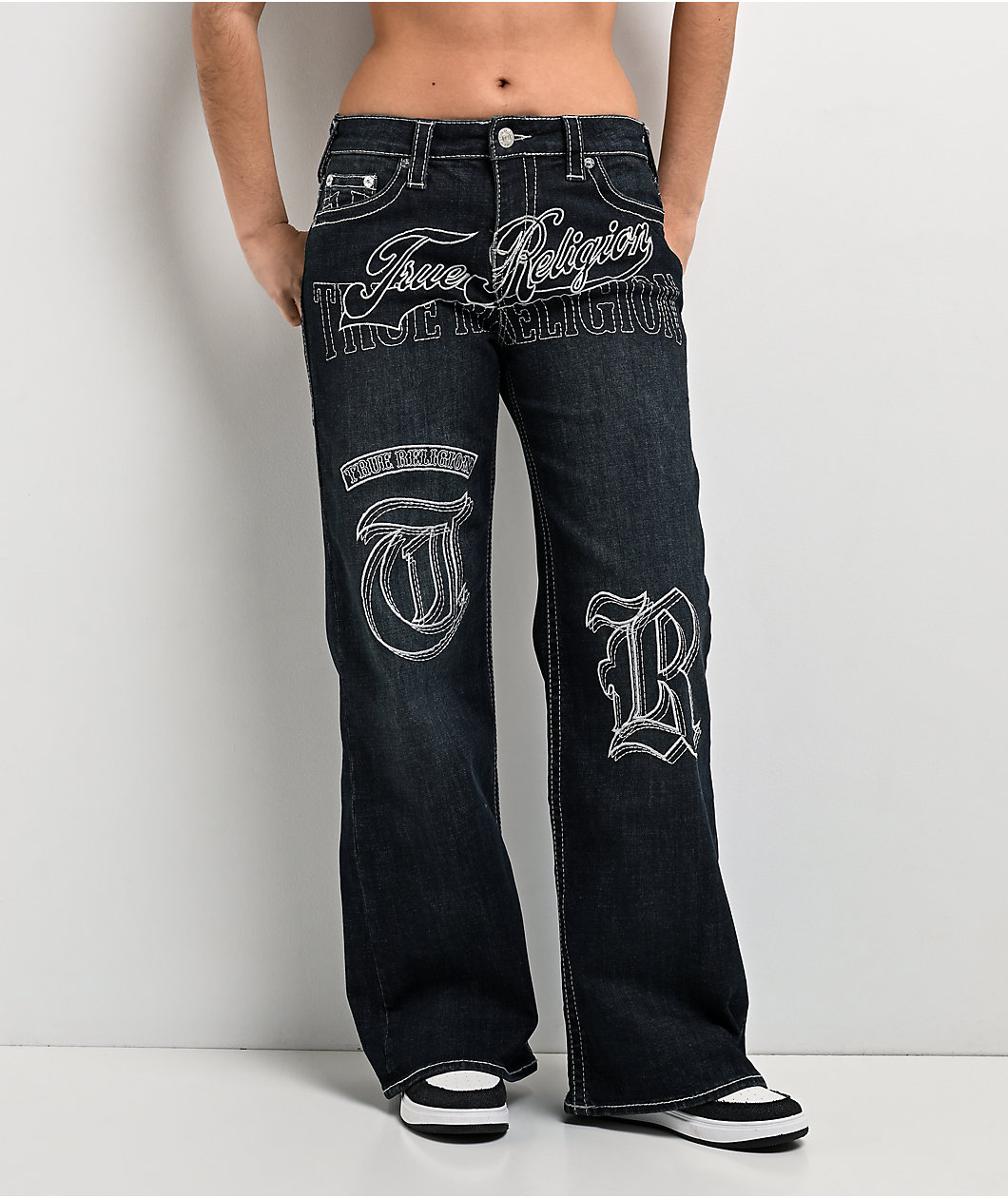 True Religion Bobbi Big T Mid Rise Ice Meadow Blue Wash Baggy Jeans