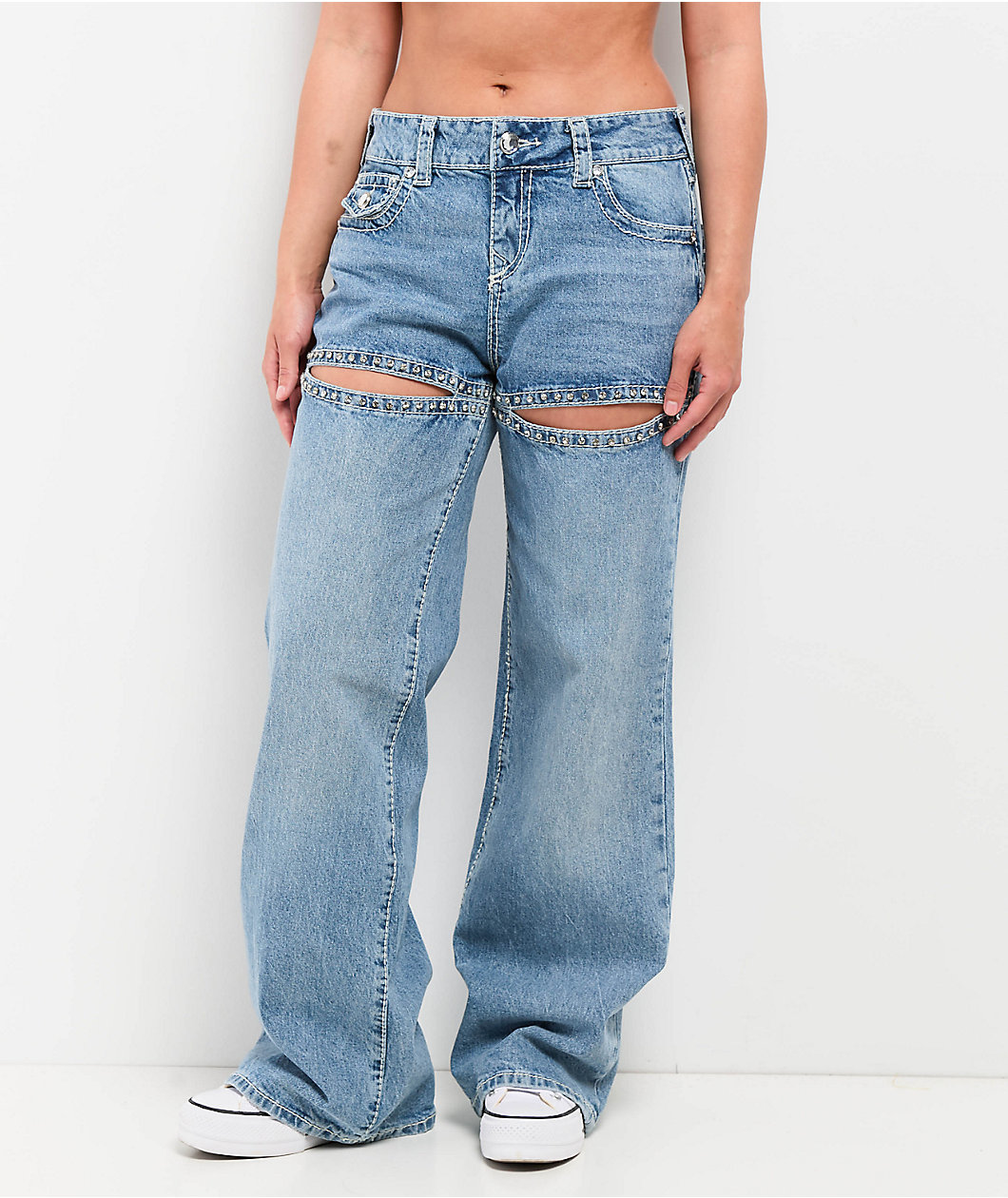 True Religion Bobbi Crystal Cutout Big T Blue Baggy Jeans