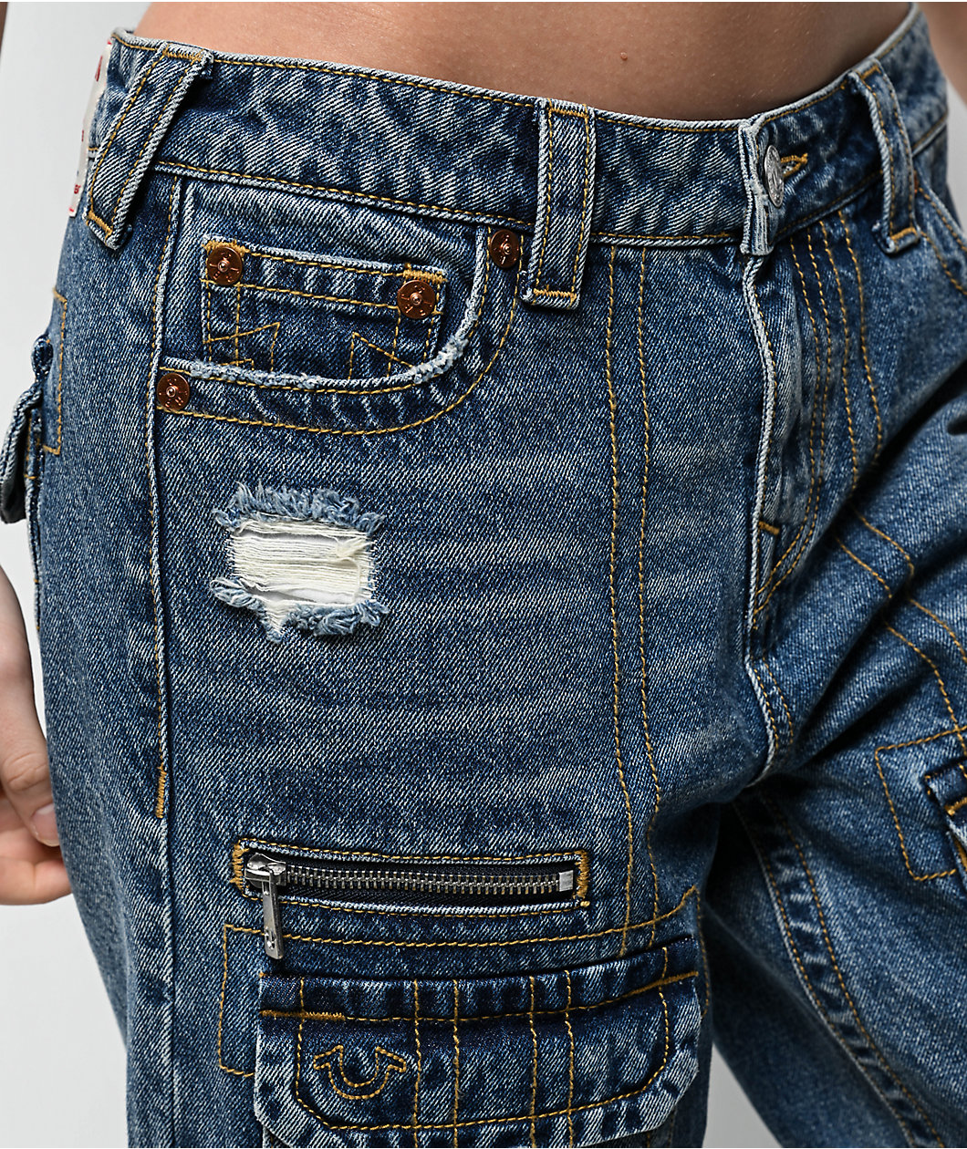 True Religion Bobbi Easy Hazel Wash Baggy Cargo Denim Shorts