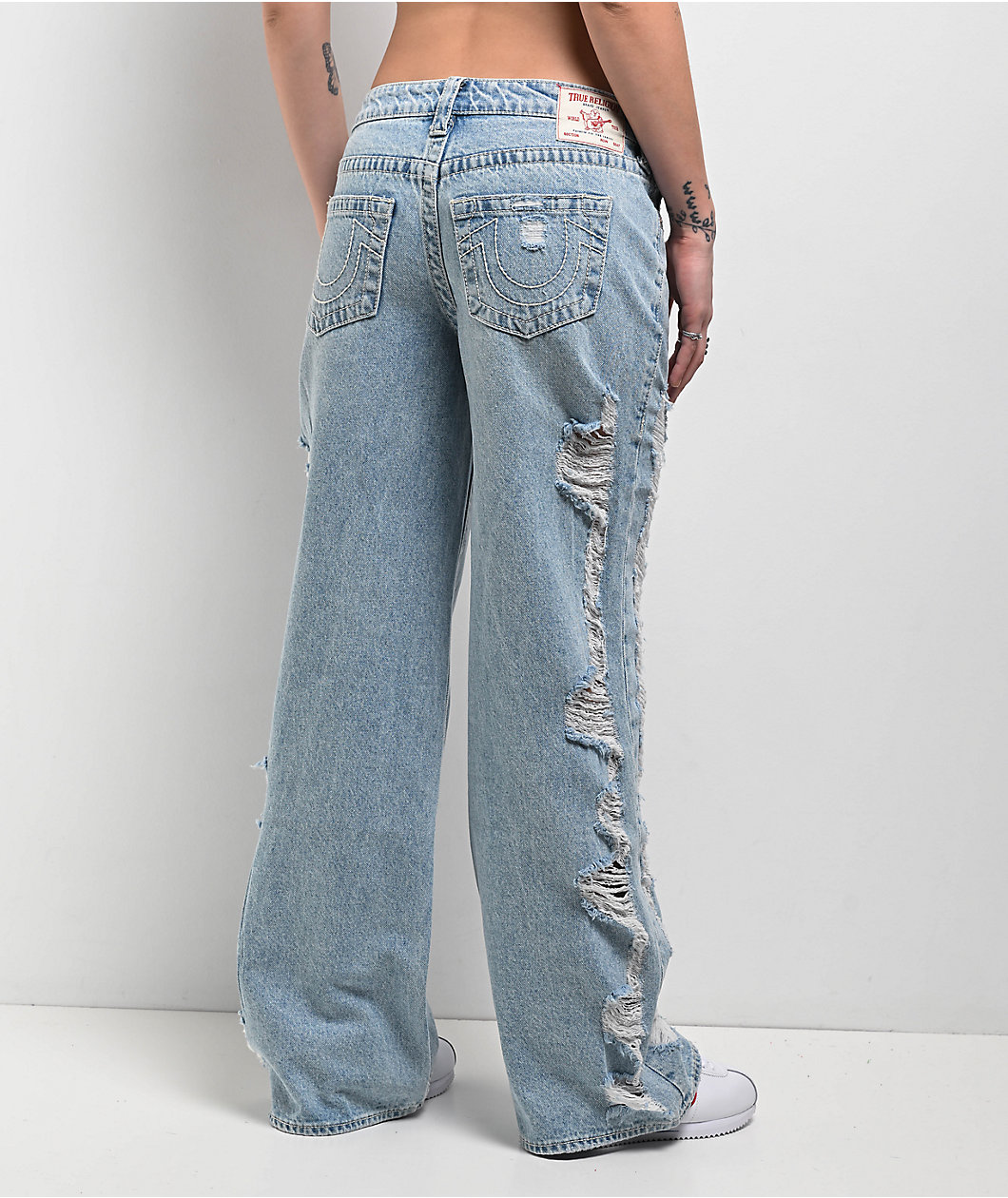 True Religion Bobbi Super Distressed Aqua Marine Mid Rise Baggy Jeans