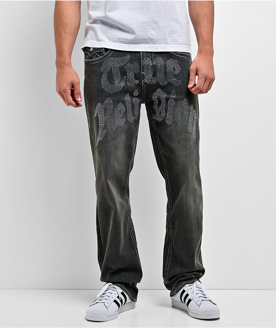 True Religion Bobby Flap Rhinestone Grey Wash Baggy Jeans