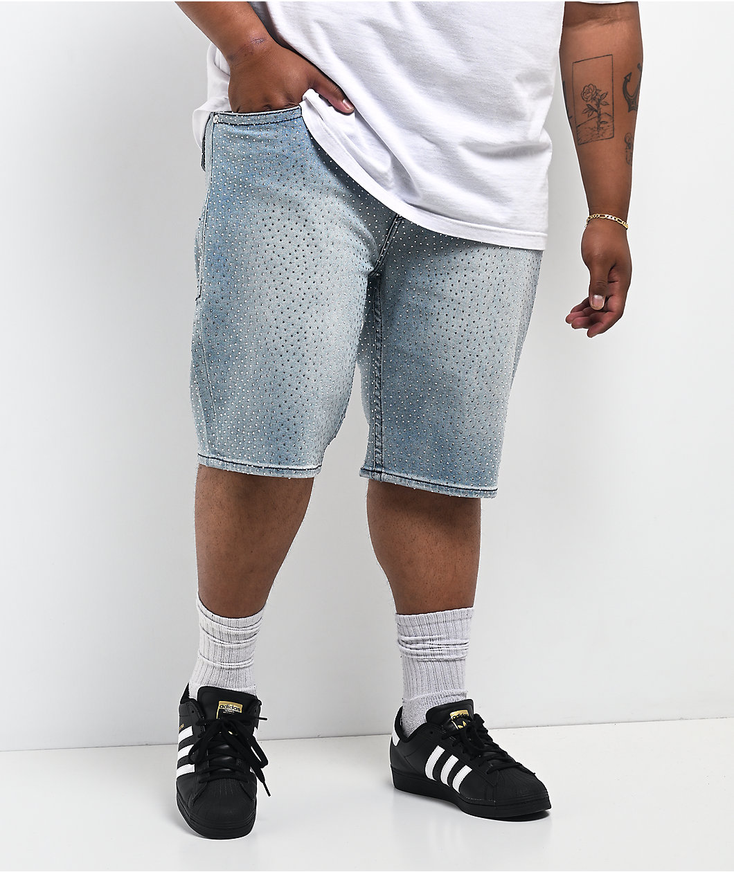 True Religion Bobby Rhinestone Blue Wash Baggy Shorts