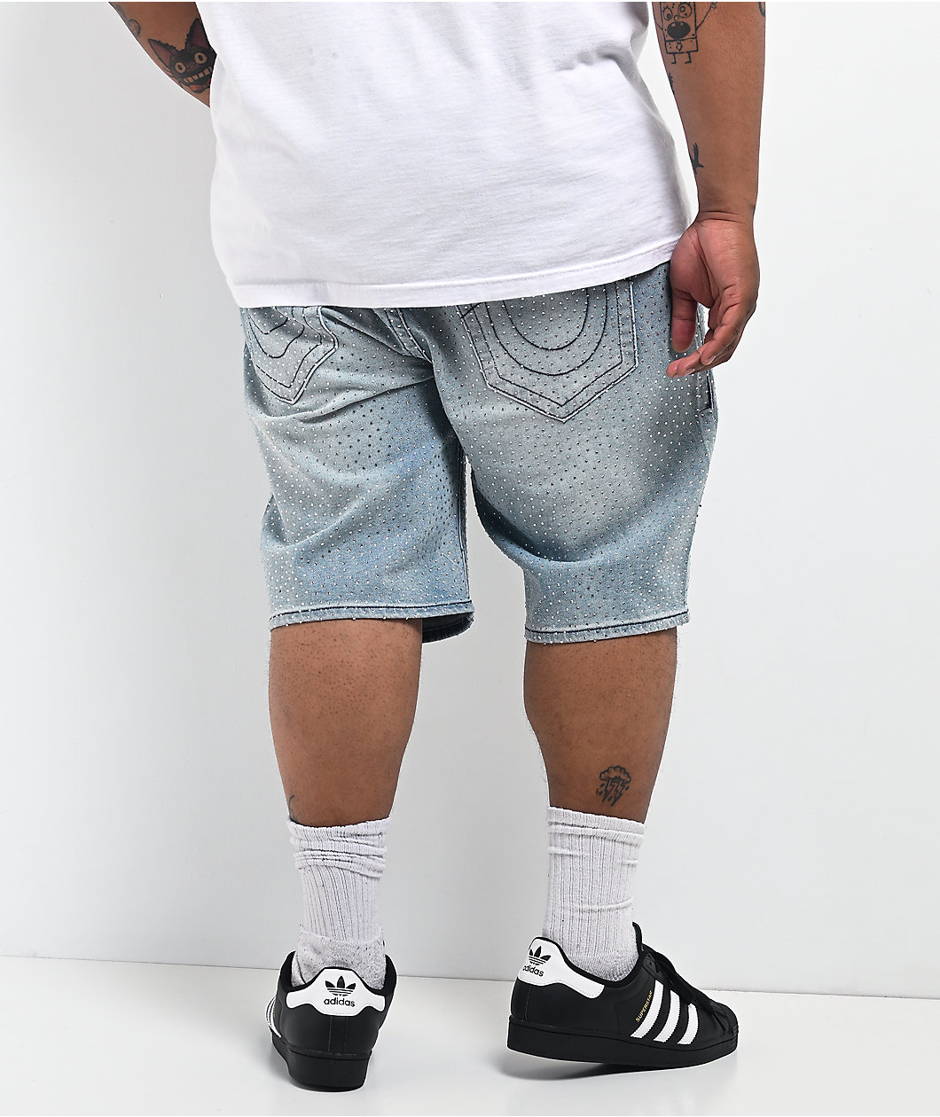 True Religion Bobby Rhinestone Blue Wash Baggy Shorts