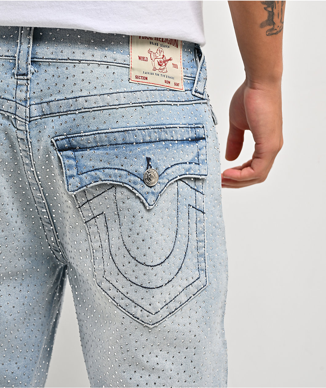 True Religion Bobby Rhinestone Blue Wash Baggy Shorts
