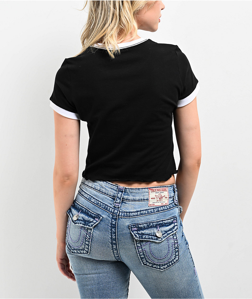 True Religion Buddah Ringer Jet Black Crop T-Shirt