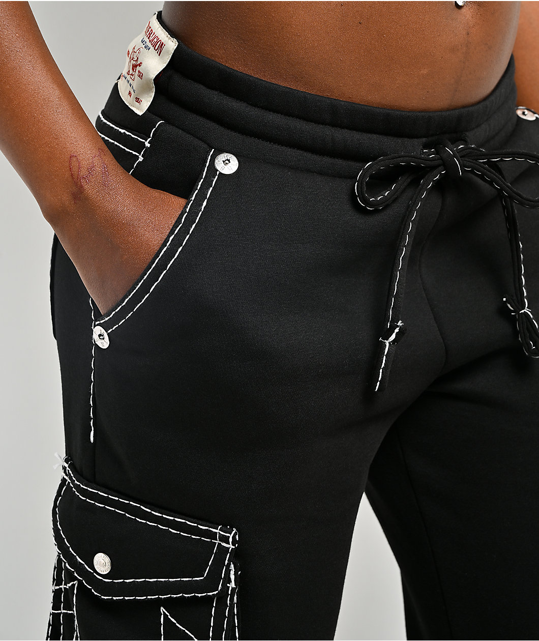 True Religion Buddha Black Contrast Stitch Cargo Sweatpants