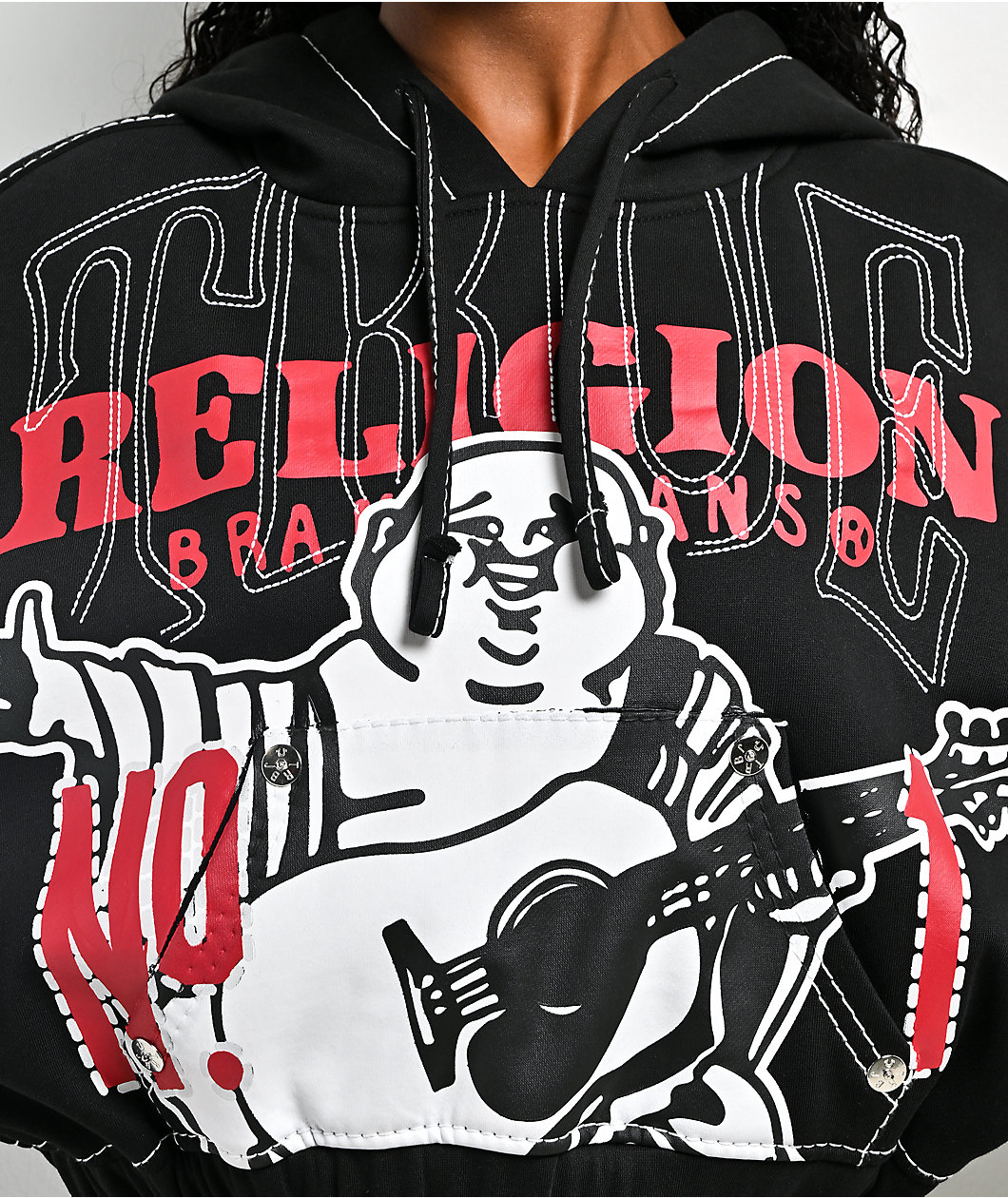 True Religion Buddha Black Contrast Stitch Crop Hoodie