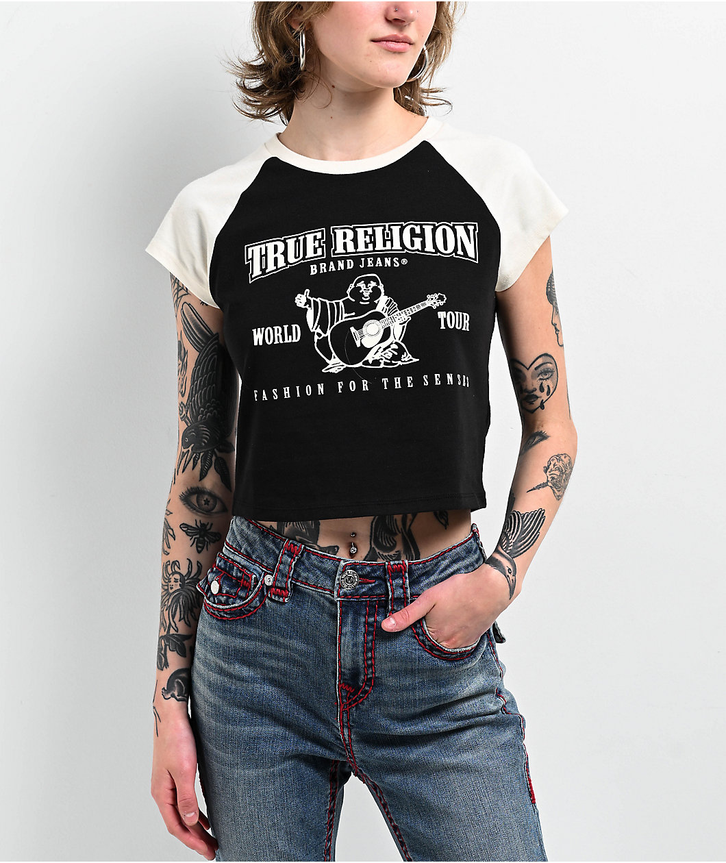 True Religion Buddha Logo Ringer Raglan Black Crop T-Shirt