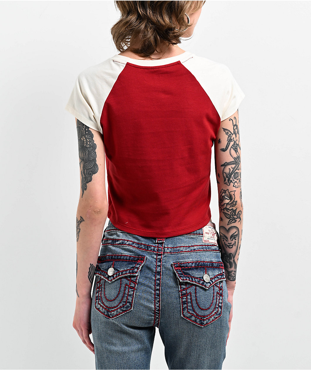 True Religion Buddha Logo Ringer Raglan Red Crop T-Shirt