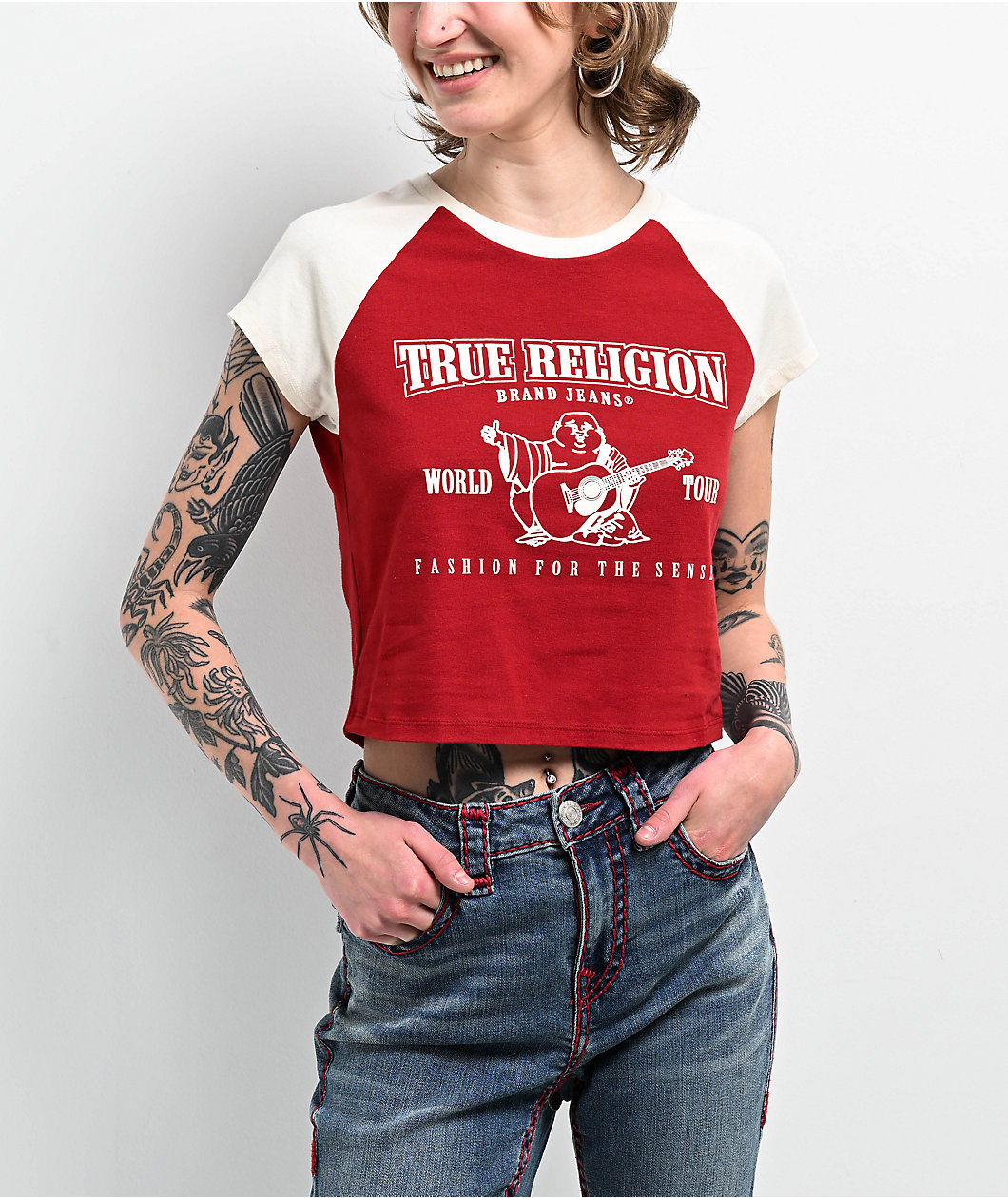 True Religion Buddha Logo Ringer Raglan Red Crop T-Shirt