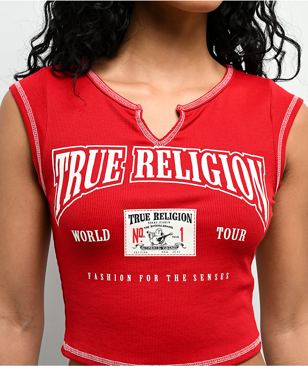 True Religion Buddha Patch V Notch Red Crop T-Shirt