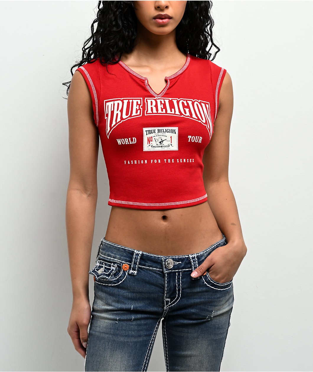 True Religion Buddha Patch V Notch Red Crop T-Shirt
