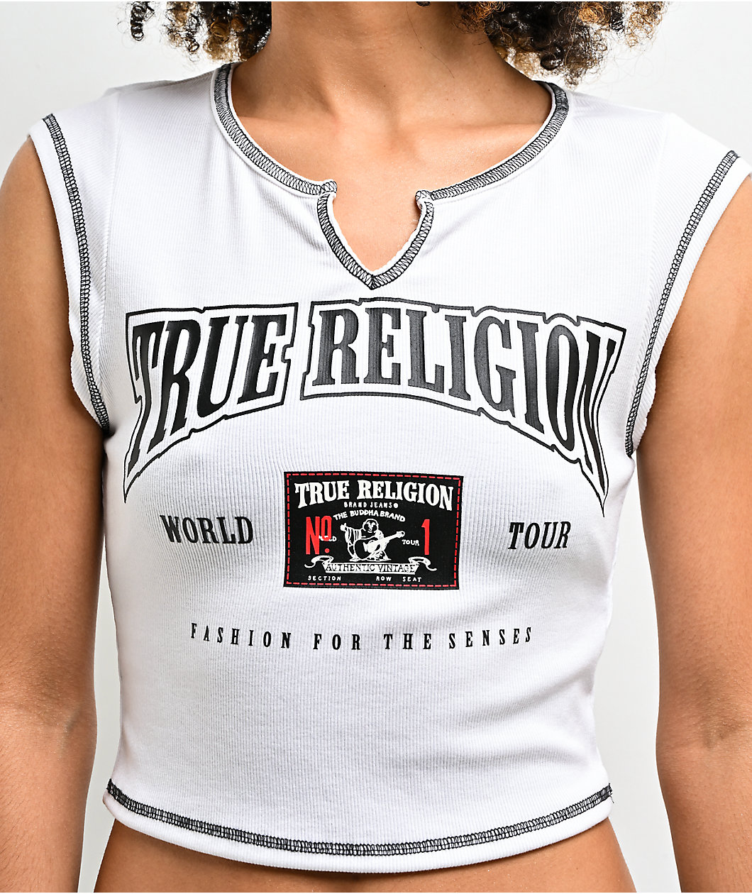 True Religion Buddha Patch V Notch White Crop T-Shirt