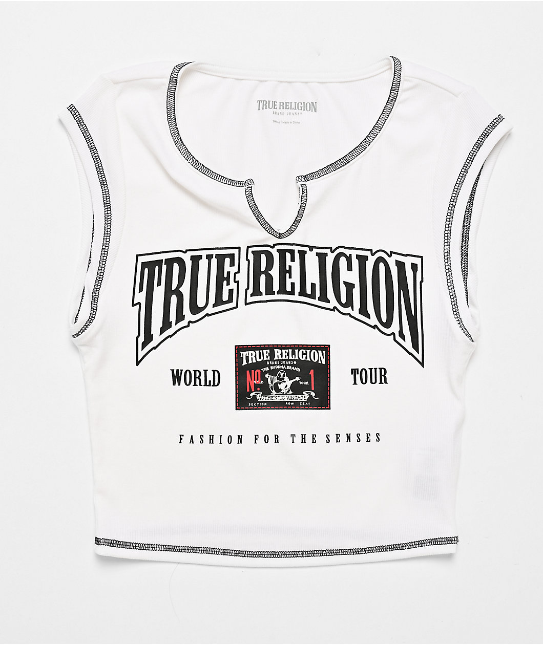 True Religion Buddha Patch V Notch White Crop T-Shirt