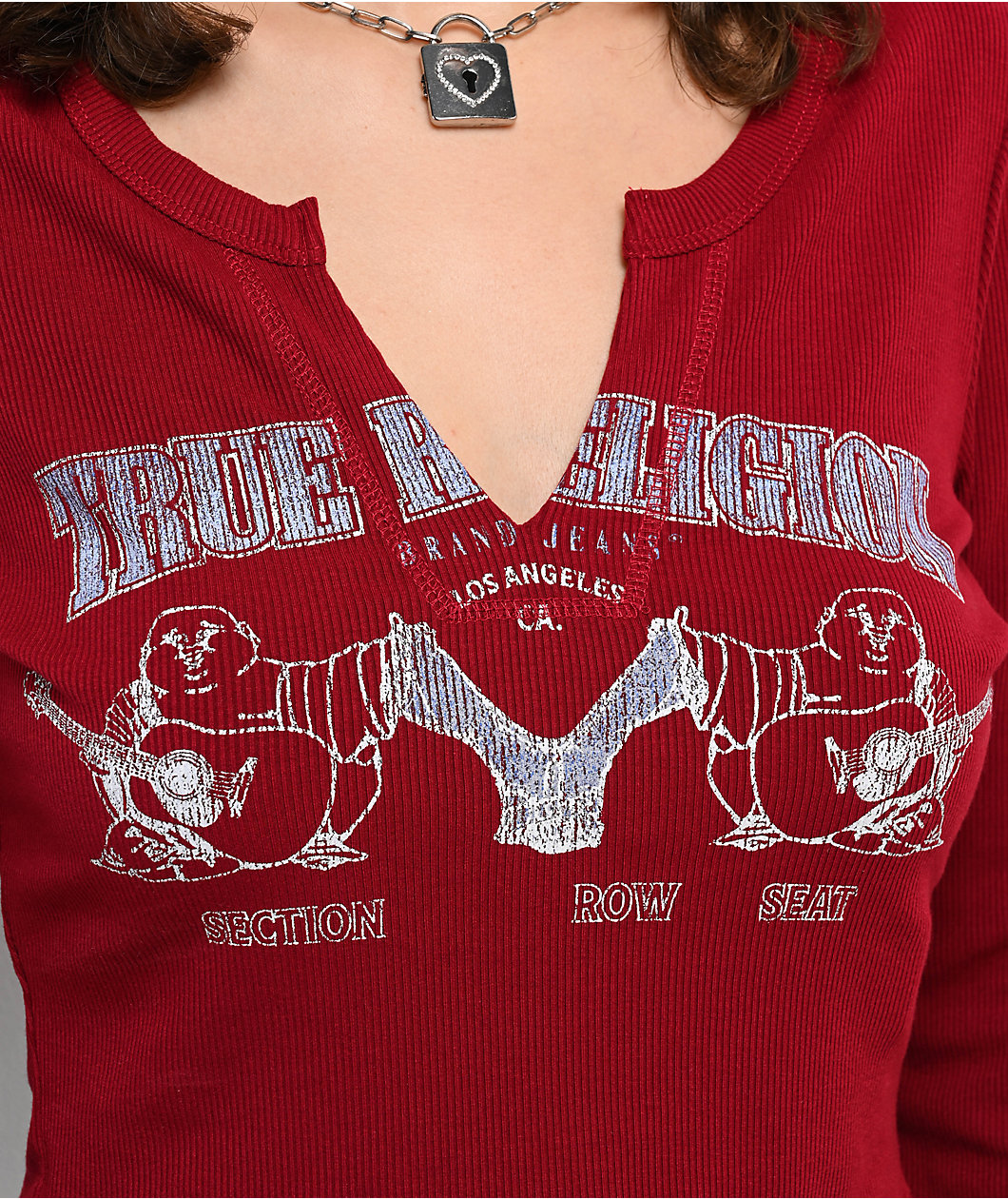 True Religion Buddha V Notch Biking Red Long Sleeve Crop T-Shirt