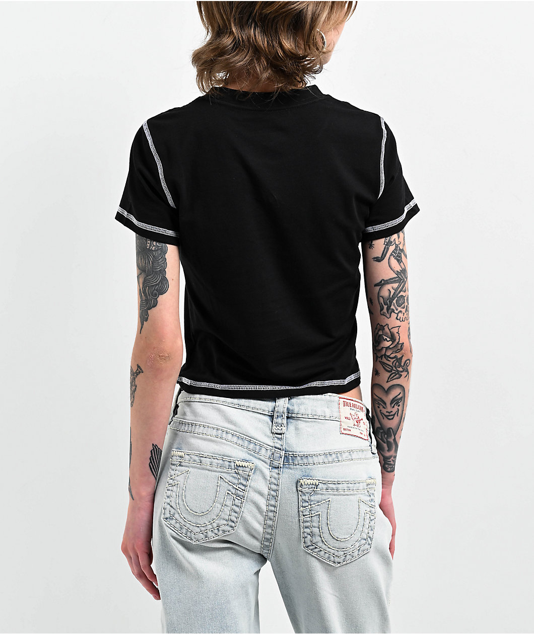 True Religion Contrast Stitch Black Crop T-Shirt