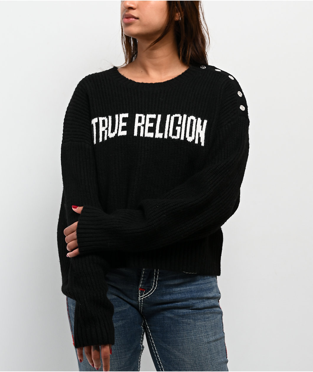 True Religion Convertible Cold Shoulder Black Sweater