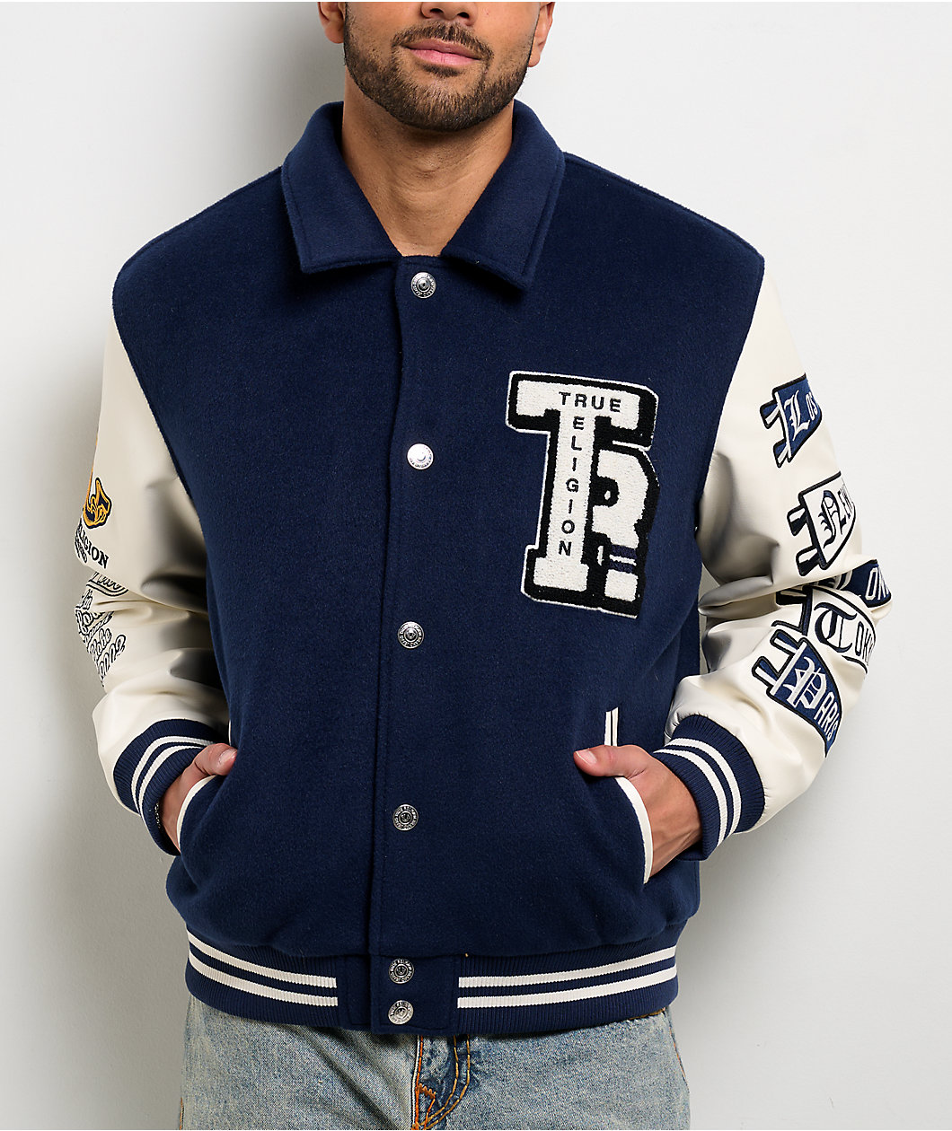 True Religion Crest Wool Nation Navy Blue Varsity Jacket