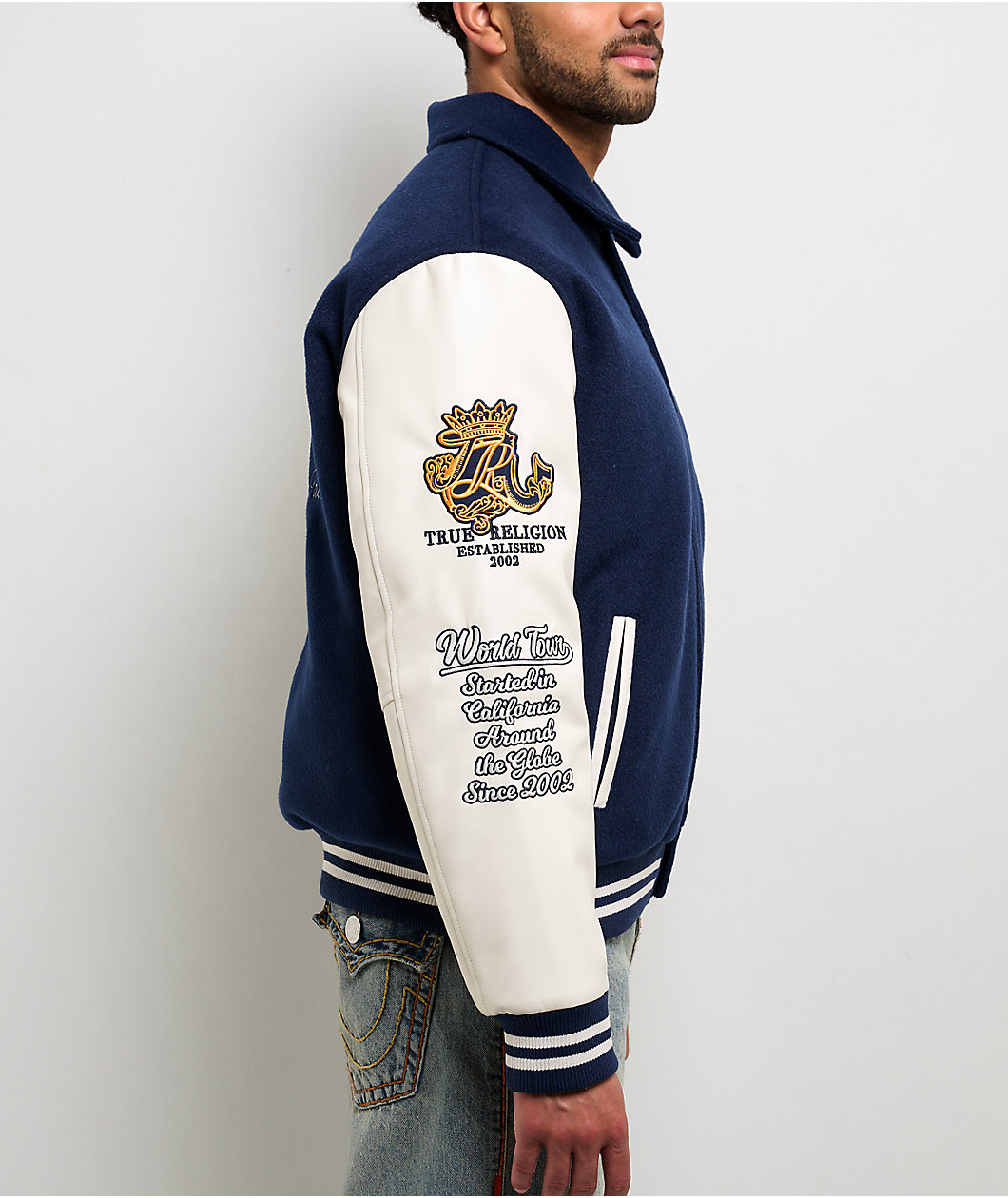 True Religion Crest Wool Nation Navy Blue Varsity Jacket