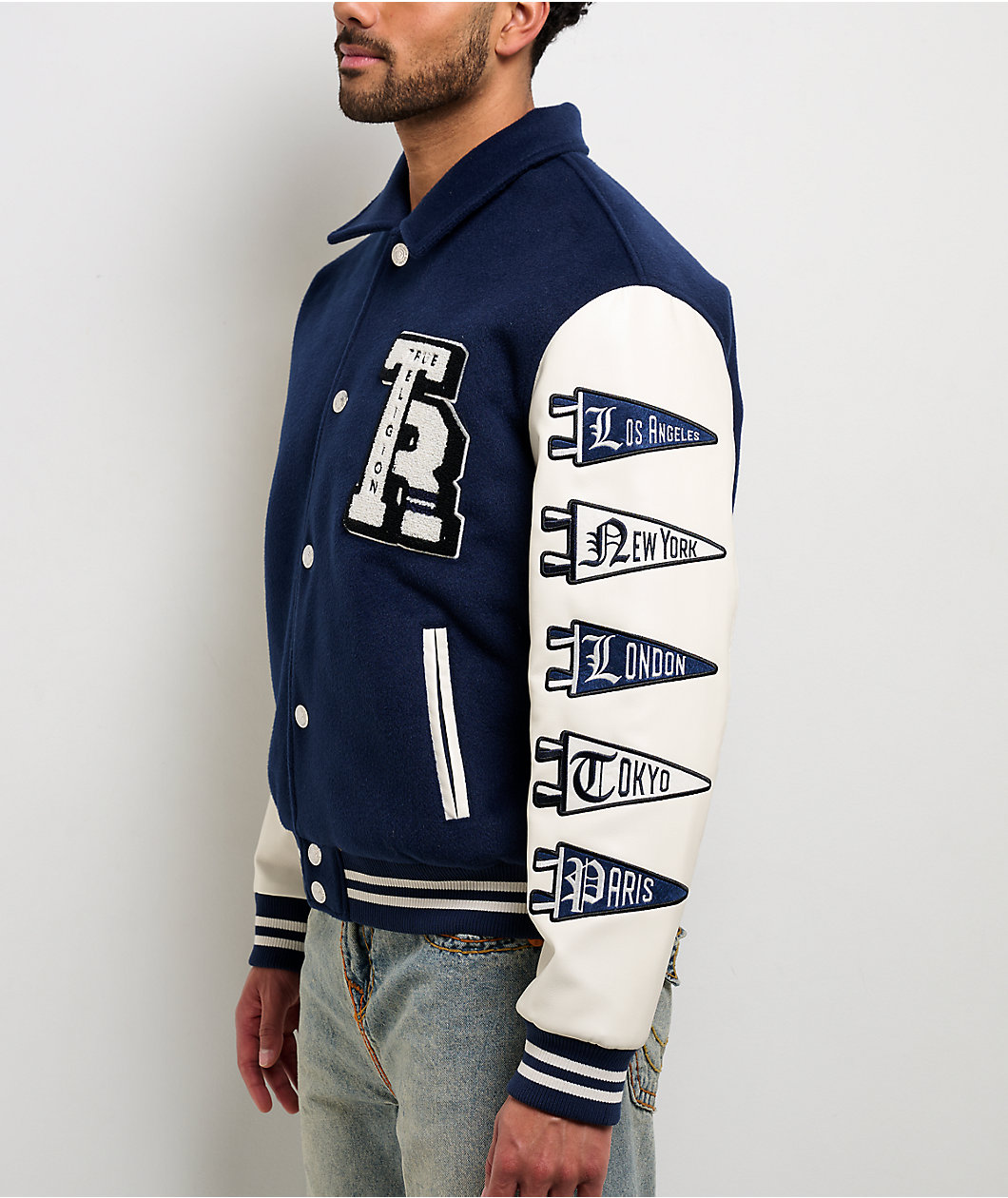True Religion Crest Wool Nation Navy Blue Varsity Jacket