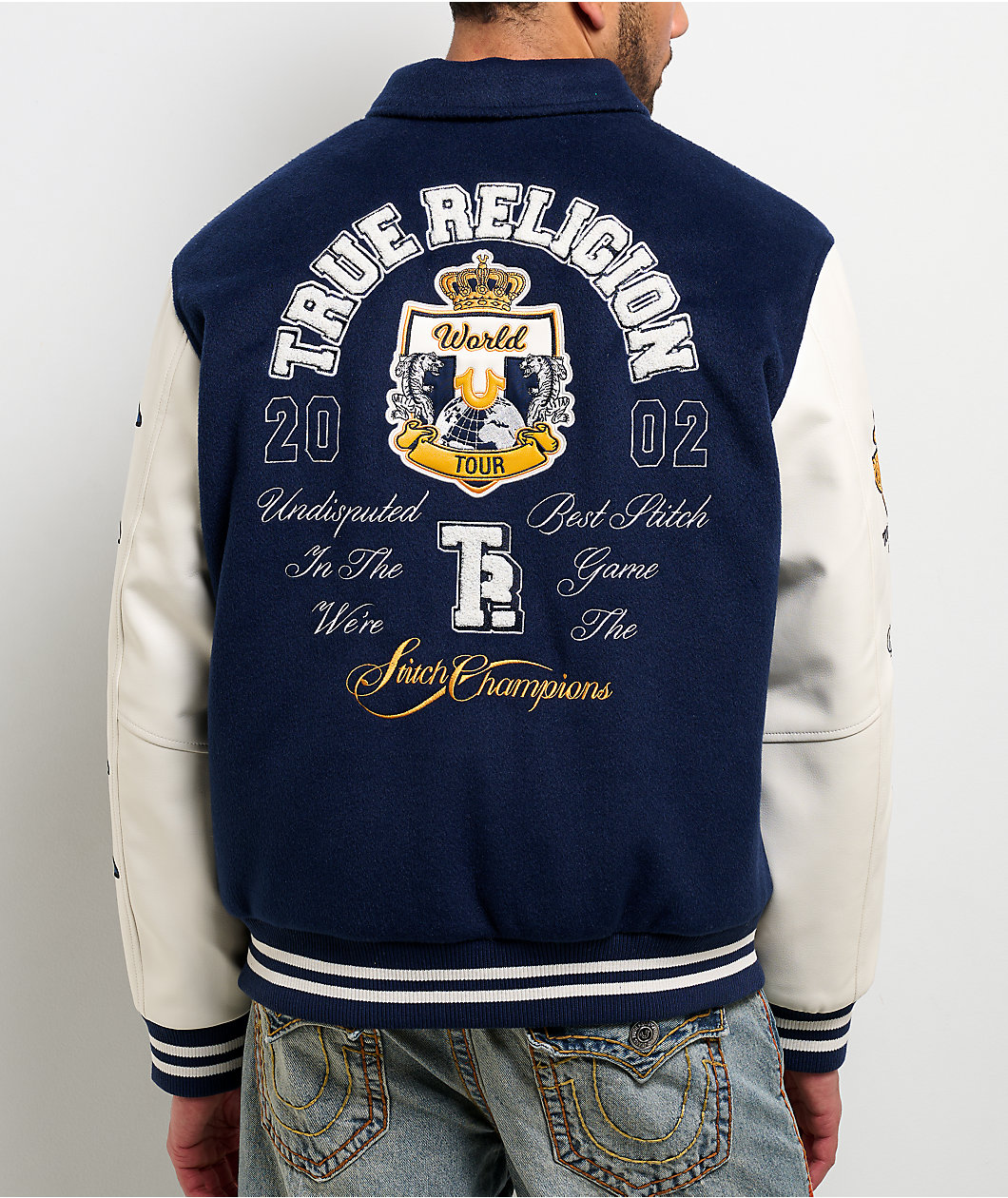 True Religion Crest Wool Nation Navy Blue Varsity Jacket
