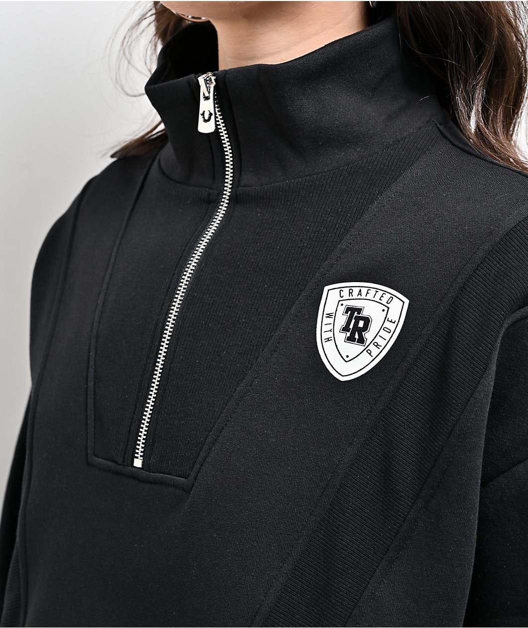 True Religion Crystal Black Half Zip Crop Hoodie