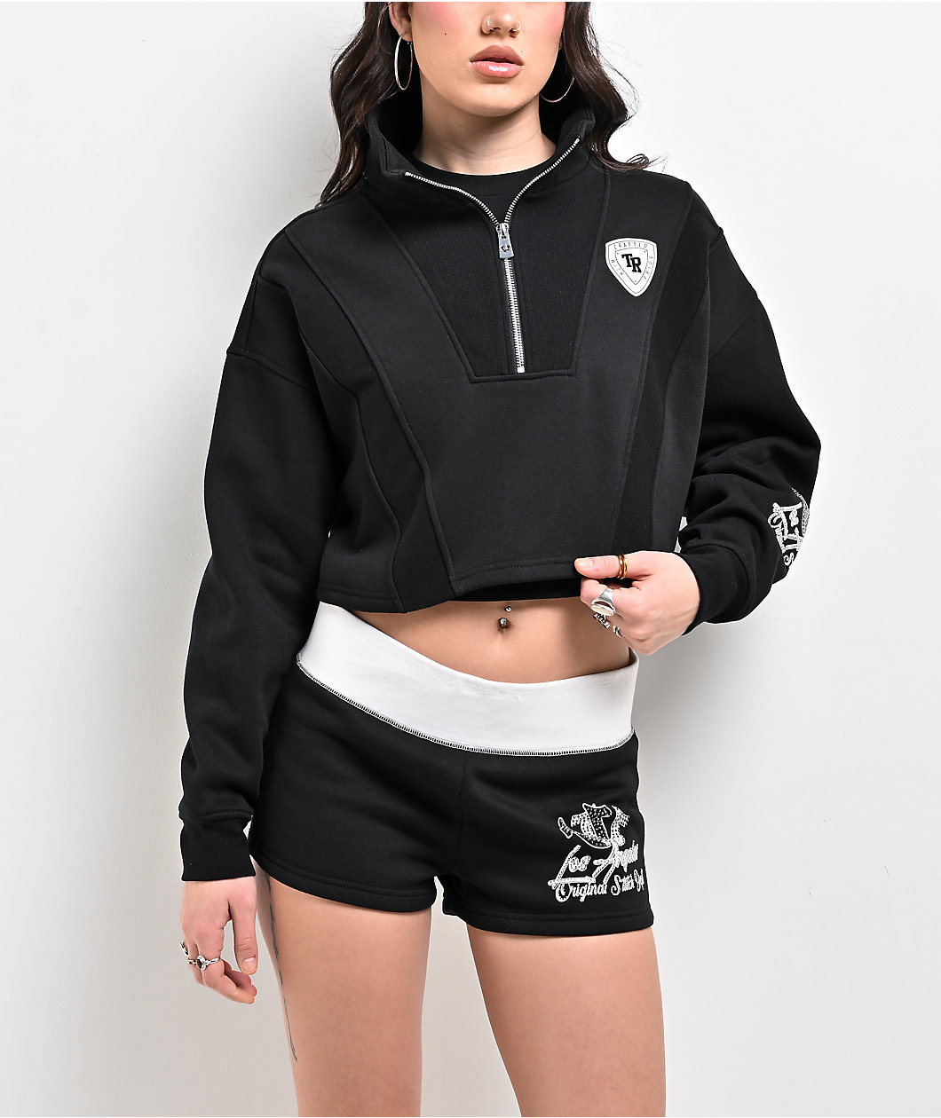 True Religion Crystal Black Half Zip Crop Hoodie