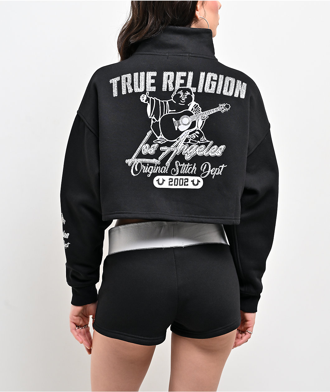 True Religion Crystal Black Half Zip Crop Hoodie